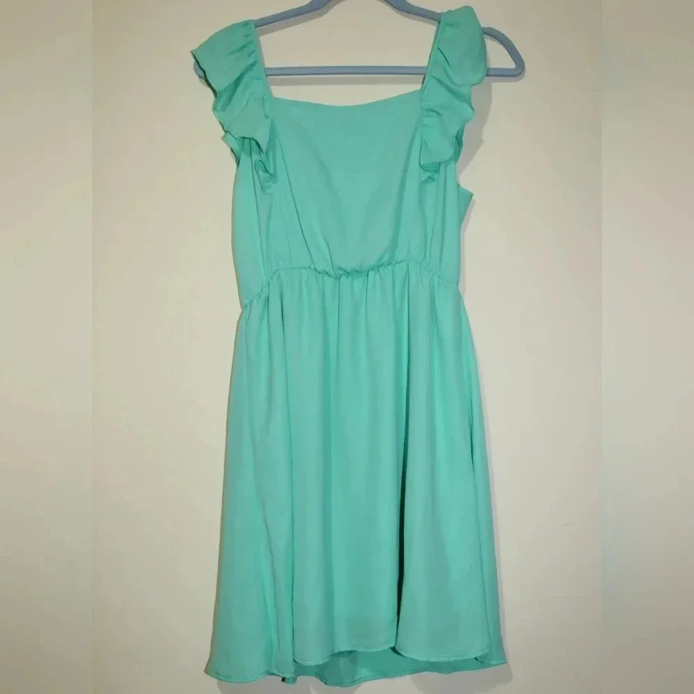 Jun & Ivy Teal‎ Ruffle Square Neck Elastic Waist Fit Flare Dress Women Small NWT
